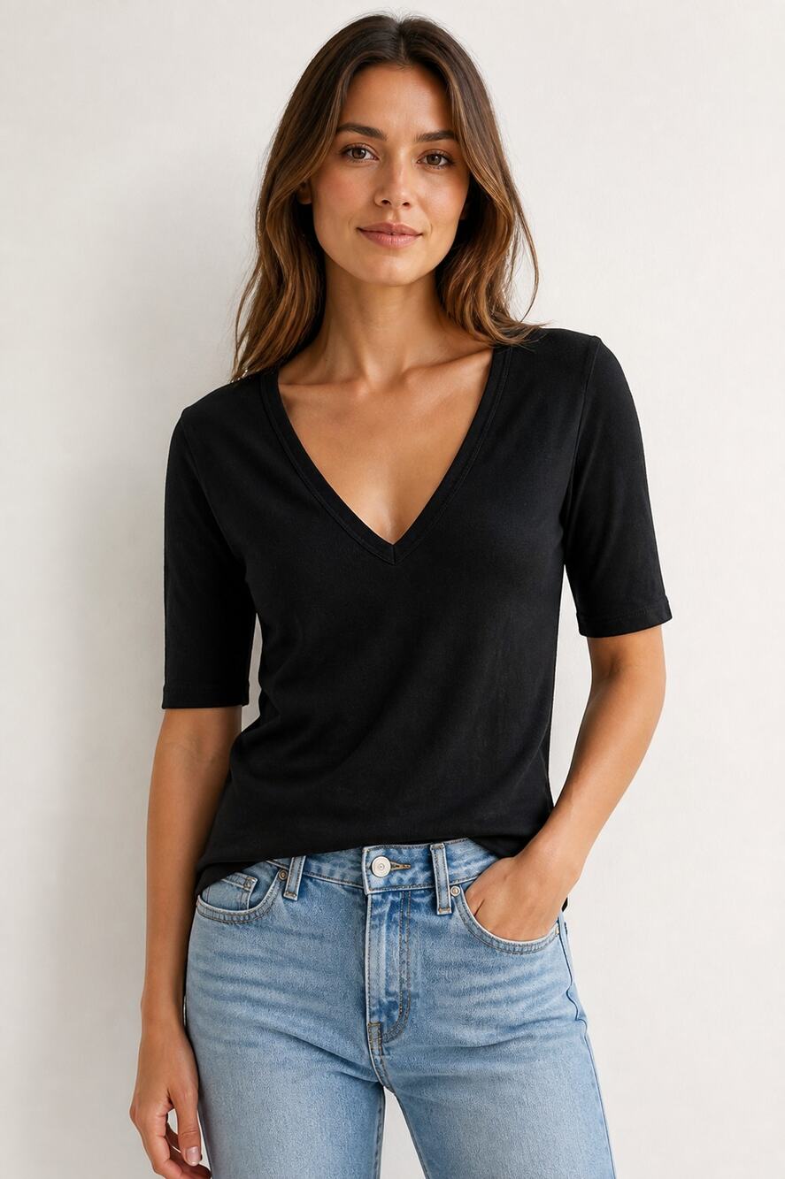 Zara Women's Black Cotton V-Neck Elbow Sleeve T-Shirt Size S